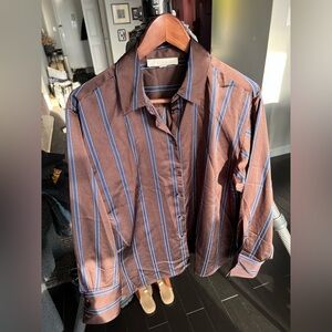 LOFT Women’s Silky Brown and Blue Striped Button-Down Shirt